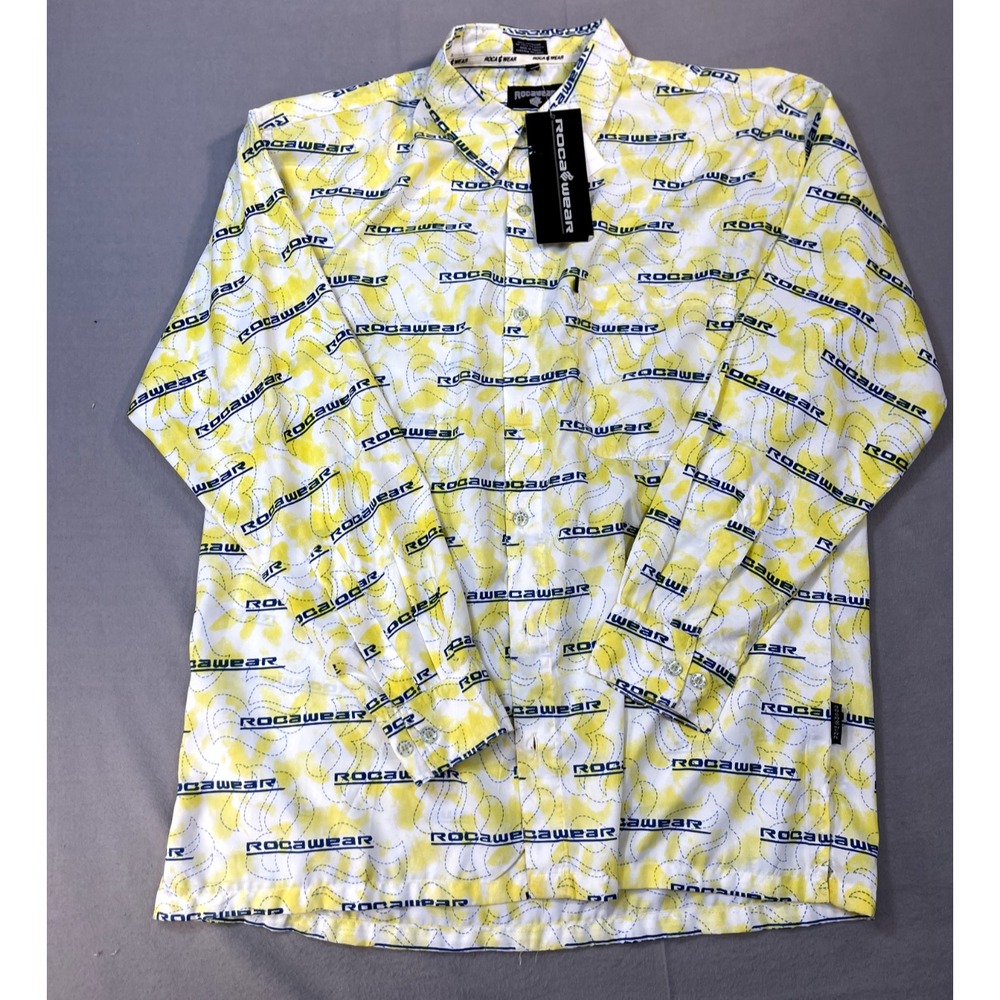 Rocawear Men's XL long sleeved Spell out‎ Yellow White button down shirt NWT